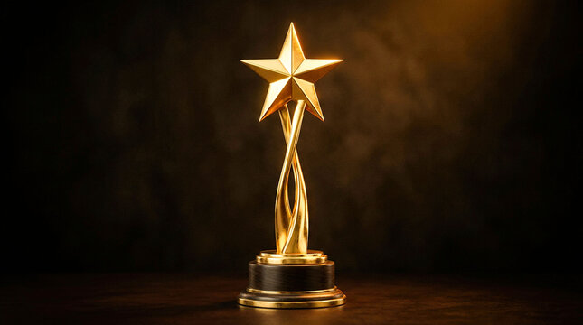 Golden star trophy with elegant twisted stem stands on wooden base against dark textured background as premium award for success and excellence achievements.