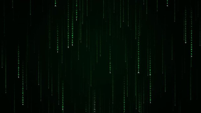 Premium futuristic digital code rain background featuring cascading green binary characters and symbols flowing vertically through a dark technological environment. Designed for cybersecurity presenta