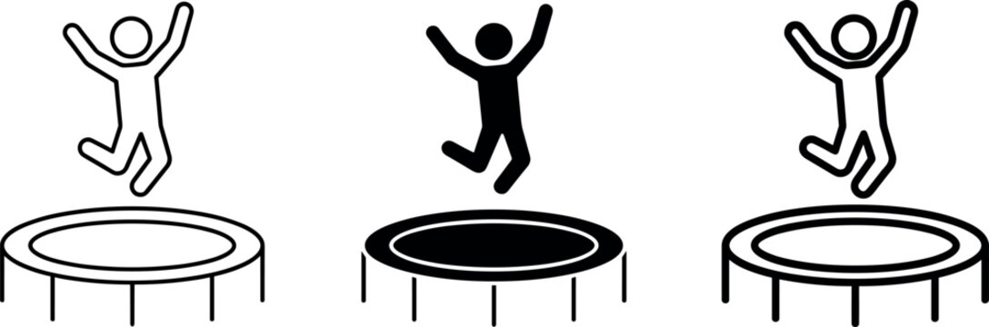Person jumping on trampoline vector icon set with bouncing action and rebound symbols in outline and solid styles