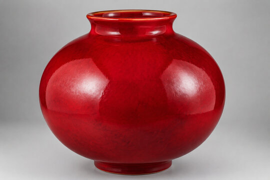 Glossy deep red ceramic vase with rotund round belly on grey background, decorative object