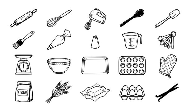 Untitled design Hand drawn baking tools and kitchen utensils vector set with flour, whisk, rolling pin and pastry accessories