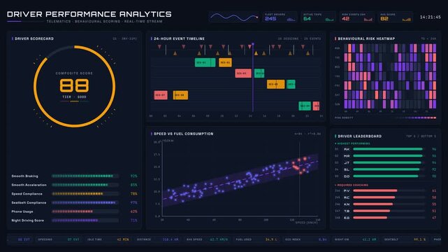 Explore the Driver Performance Analytics Dashboard featuring a comprehensive visual layout with performance metrics, event timeline, and behavioral risk heatmap in vibrant colors.