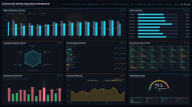 Explore a detailed commercial vehicle operations dashboard featuring a vibrant, information-rich interface with animated charts and KPIs for efficient fleet management and monitoring.