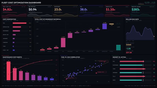 A sleek and modern fleet cost optimization dashboard featuring animated KPI cards, waterfall chart, and various cost analysis visuals in a premium financial data aesthetic.