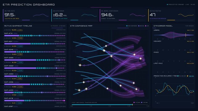 Innovative ETA Prediction Dashboard with Active Shipment Timeline, ETA Confidence Map, and Error Distribution Visualization in Deep Oceanic Colors professional stock footage for technology, business,.