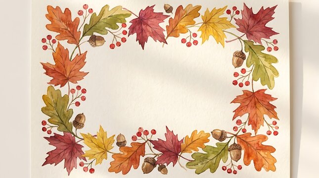 Watercolor autumn leaves frame border with colorful maple foliage and acorns