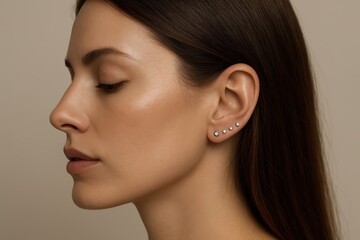 Fototapeta premium Profile of woman with multiple earrings against neutral background