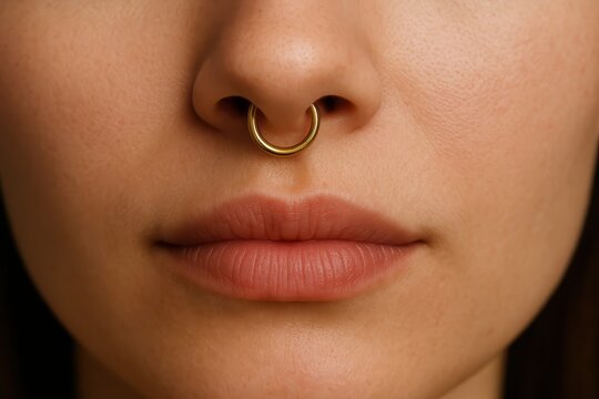 Close-up of woman with gold septum ring on lips