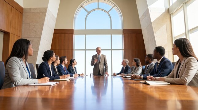 Senior male corporate executive standing at the head of a long wooden boardroom table leading a diverse committee meeting under a grand arched window in an international executive office