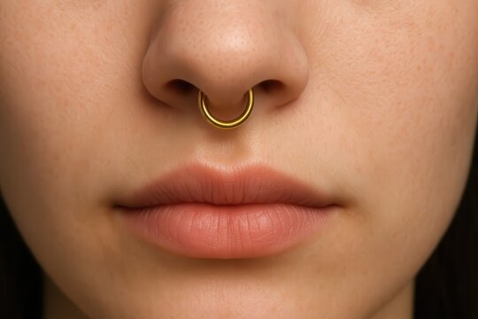 Close-up of woman with gold septum nose ring