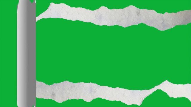 Torn paper edge frame transition with green screen, ripped paper opening reveal template, isolated white paper border effect, 4k paper rip mockup animation.