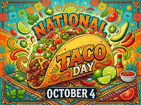 National taco day celebration poster with a delicious taco, fresh ingredients, vibrant mexican patterns, and festive decorations for october 4th event