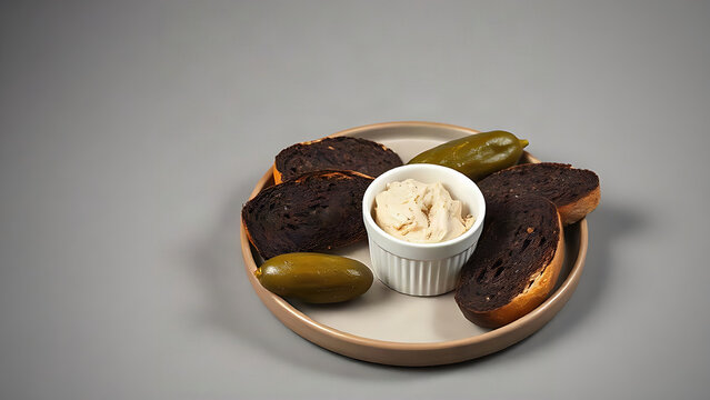 Dark rye bread slices on ceramic plate with spread and gherkin, rustic editorial food still life
