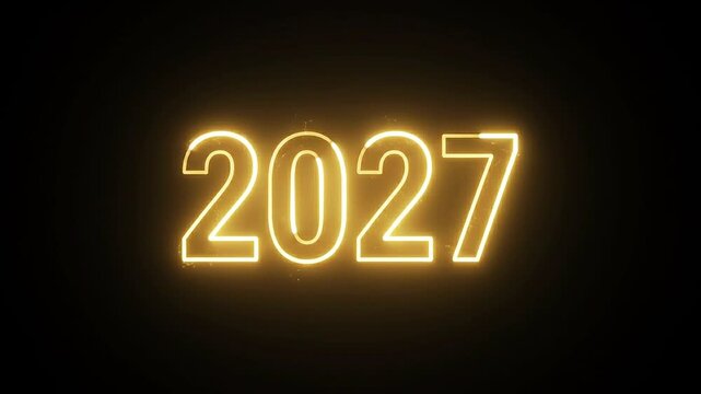 2027 New Year Golden Neon Glowing Text with Sparks on Black Background