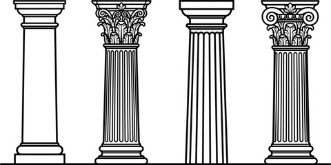 Obraz premium Set of classical Greek and Roman architectural pillars and columns with ornate capitals in black and white vector illustration