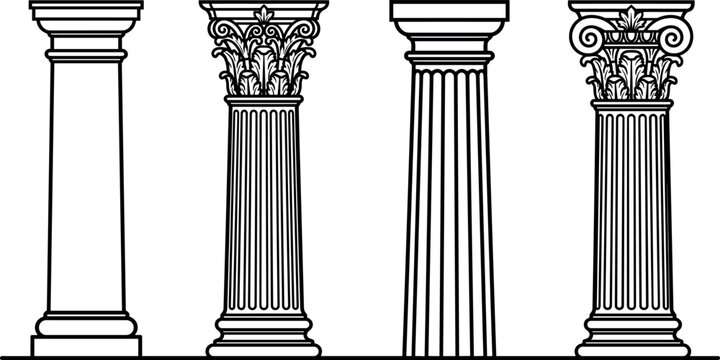 Set of classical Greek and Roman architectural pillars and columns with ornate capitals in black and white vector illustration