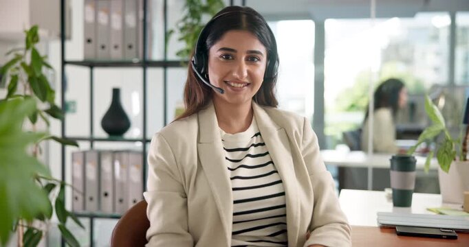 Happy woman, face and call center with headset for customer service or online communication at office. Portrait, female person or consultant agent with smile or mic for telemarketing or helpdesk