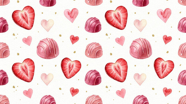Valentine 258 Watercolor Seamless Pattern of Pink Chocolates Sliced Heart Strawberries and Gold Glitter Dust（ピンクのチョコレートとハート型にカットされたイチゴと金箔が描かれた水彩のシームレスパターン）