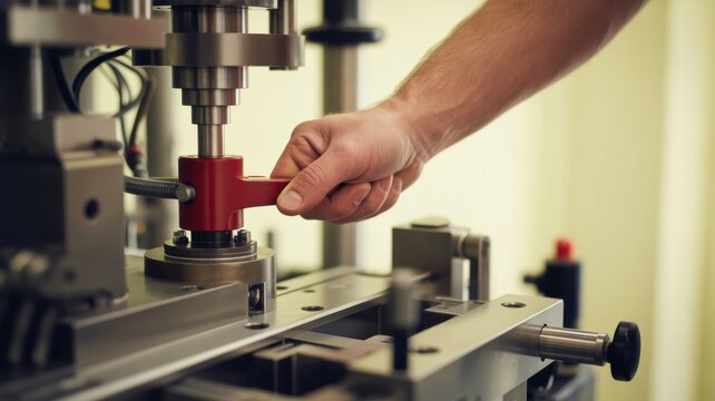A Skilled Factory Worker Adjusting A Precision Industrial Metal Pressing Machine Arm