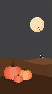 Whimsical flat illustration of two pumpkins under a glowing moon in a minimalist autumn night scene
