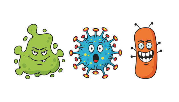 Three funny colorful cartoon virus and bacteria characters representing germs, disease, and medical science education.