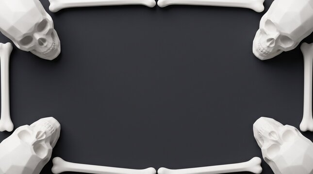 Modern Low Poly White Skulls and Bones Frame on Dark Background