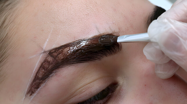 Mapped eyebrows receiving an angled brush for brow henna application