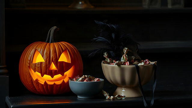 Carved pumpkin with glowing face, candies and black feathered mask on doorstep, Halloween display