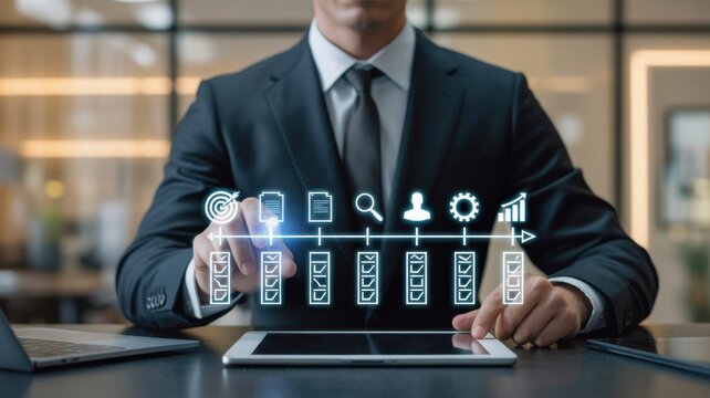 A professional businessman interacting with a digital interface showing various business icons