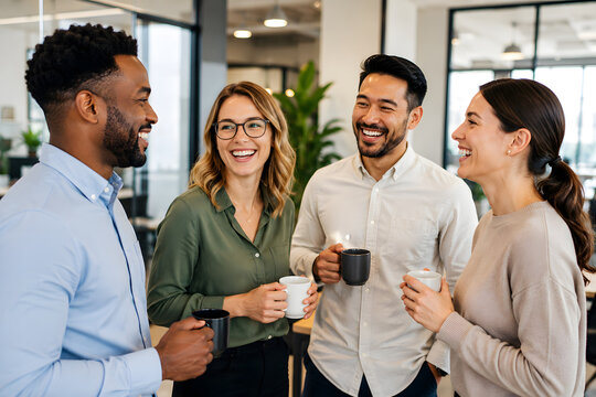 Happy colleagues talking together holding coffee in workplace.