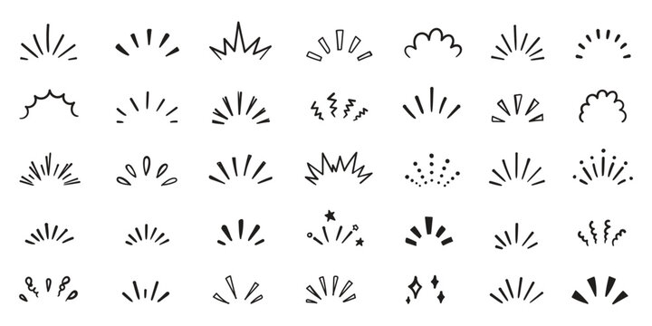 doodle line sparkle vector set, comic style decorative lines, burst effects, and dynamic radial patterns. Hand drawn pop surprise line frame for title headline illustration. Doodle sparkle and rays.