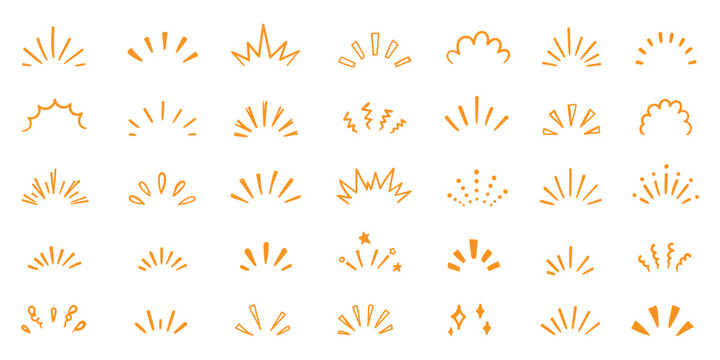 doodle line sparkle vector set, comic style decorative lines, burst effects, and dynamic radial patterns. Hand drawn pop surprise line frame for title headline illustration. Doodle sparkle and rays.