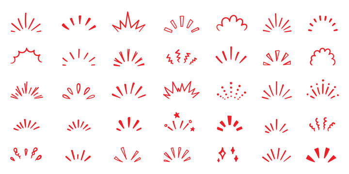 doodle line sparkle vector set, comic style decorative lines, burst effects, and dynamic radial patterns. Hand drawn pop surprise line frame for title headline illustration. Doodle sparkle and rays.
