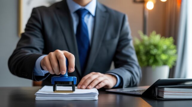 A Professional Businessman Stamping Important Documents At His Desk In An Office