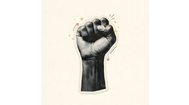Powerful clenched fist raised in the air representing strength and determination