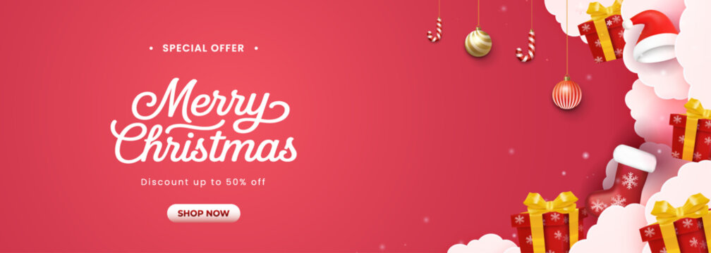Merry Christmas Sale Banner with Red Gift Boxes and Holiday Decor