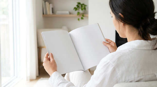 Female hands open blank catalog, magazines, book mock up