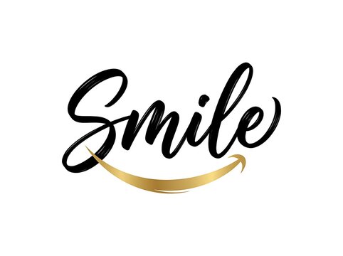 Smile word lettering with a golden smile icon isolated on white background