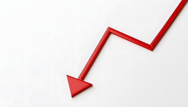 A minimalist business chart featuring a bold red arrow sloping steeply across a white background, a straightforward red line graph, a modern depiction of financial decline and business risks. Close-up