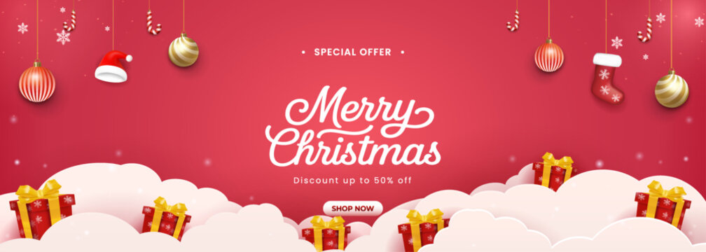 Merry Christmas Sale Banner with Red Gift Boxes and Ornaments