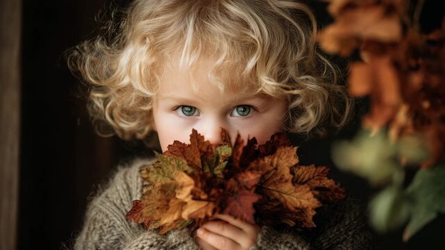 Curly-haired child holds autumn leaves near face in warm light. Young model closes eyes, then looks at camera, evoking cozy fall season and childhood wonder. Cinematic portrait suits fall campaigns.