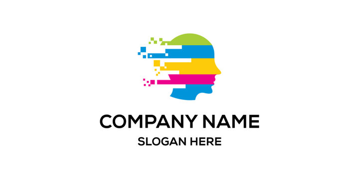 Human head profile with colorful pixel brain.
