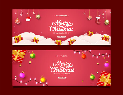 Merry Christmas Sale Banner Set with Red Background and Gifts