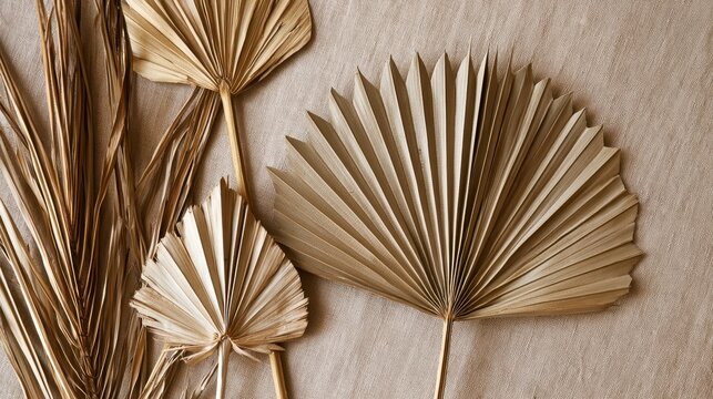 Rustic boho earth tone backdrop watercolor concept. Dried palm leaves arranged artistically on a textured surface.