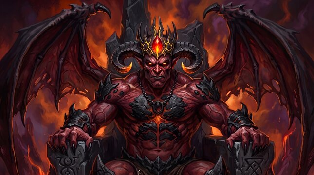 A menacing horned demon king sitting on a dark throne surrounded by hellish fire and glowing embers