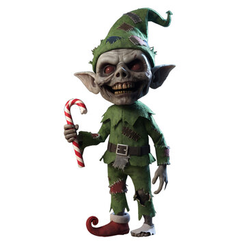A menacing horror elf wearing a torn green costume holds a striped candy cane isolated on a plain transparent background for holiday design.
