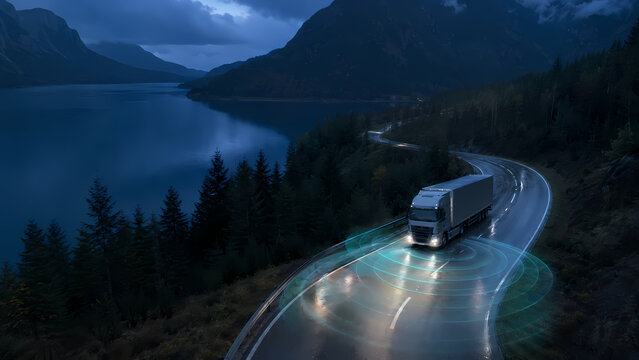 Autonomous truck driving along a winding mountain road beside a dark lake at dusk, surrounded by forest and digital sensor waves illustrating connected smart logistics and intelligent transportation
