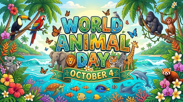 World animal day celebration poster featuring diverse wildlife including elephant, lion, tiger, giraffe, and tropical sea life in a vibrant jungle landscape