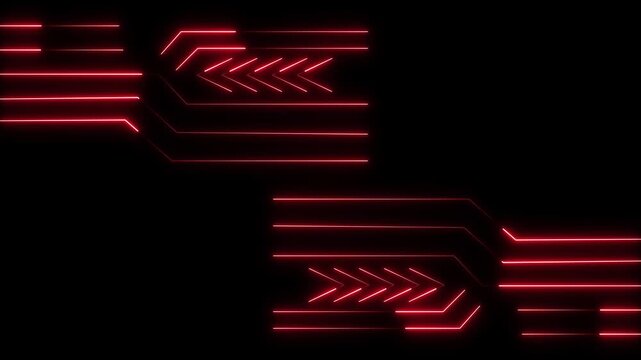Glowing red neon lines form opposing left and right arrows on a black background, creating a bold futuristic technology concept with copy space.