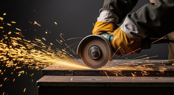 Industrial metal cutting with angle grinder and sparks.